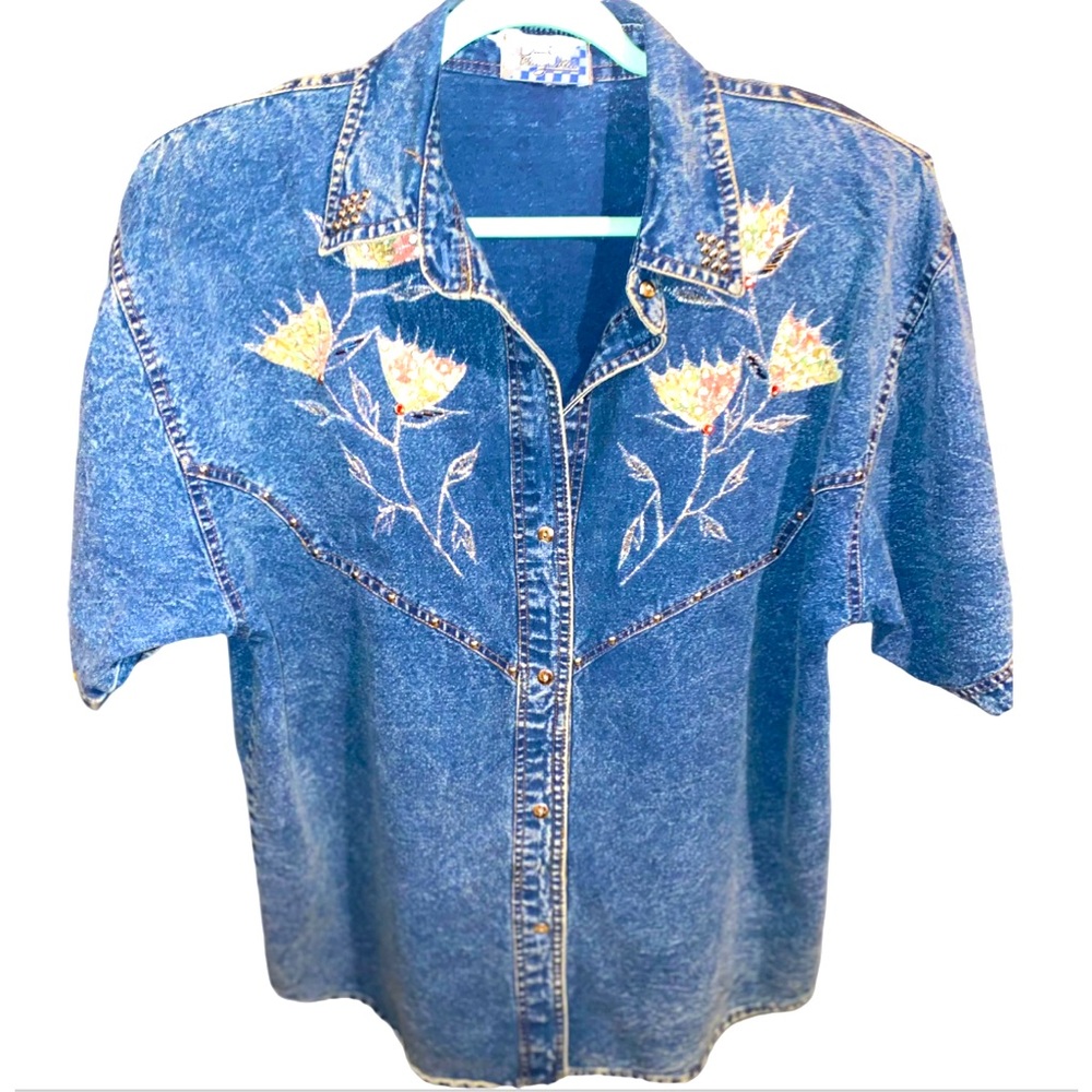 Women’s 1980s Acid Wash Denim Top Button Up Short Sleeve Shirt Sz L/XL